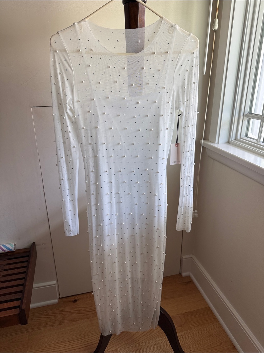 Sincerely Jules White Long-Sleeve Embellished Mesh Midi Dress